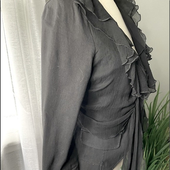 Black denim jacket by/Beshubie! Beautiful sheer ruffle trimmed collar cuffs/tie - Picture 3 of 8